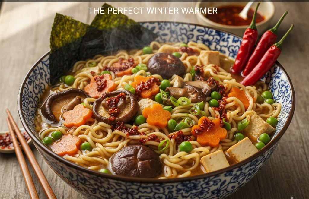 Mushroom, pea and carrot ramen with quick chilli oil